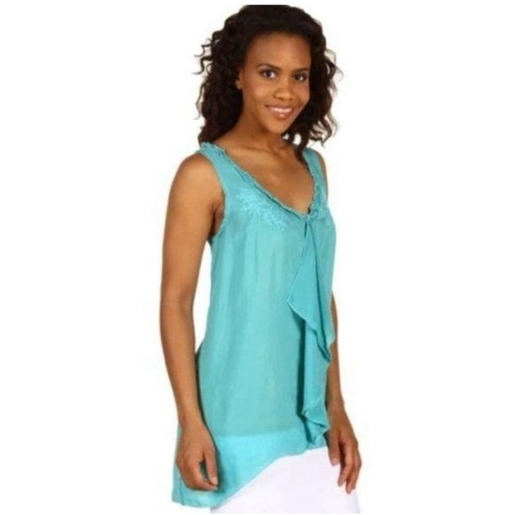 JOHNNY WAS Ruffle Embroidered Tank Top - Size XS in Beautiful Shade of Turquoise - Picture 2 of 14